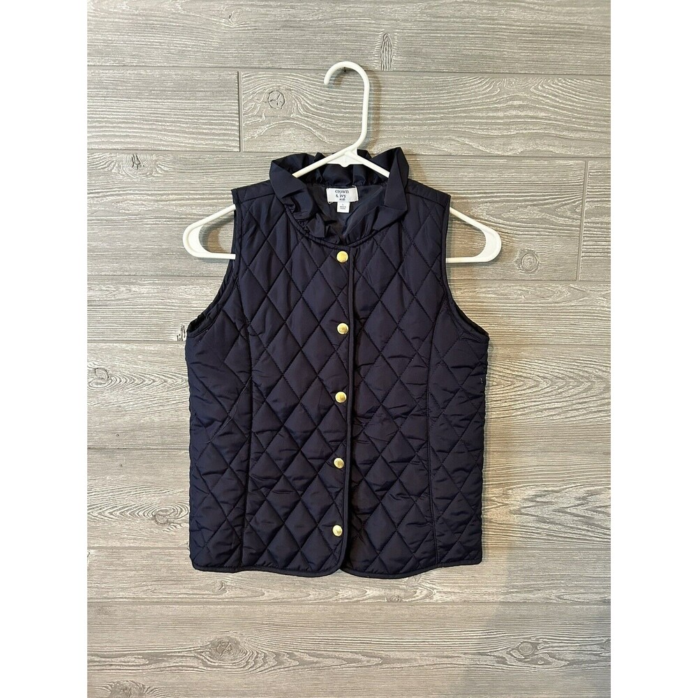 Crown & Ivy Kids Vests Quilted Girls Large Navy Blue Gold Snap Ruffle Sleeveless